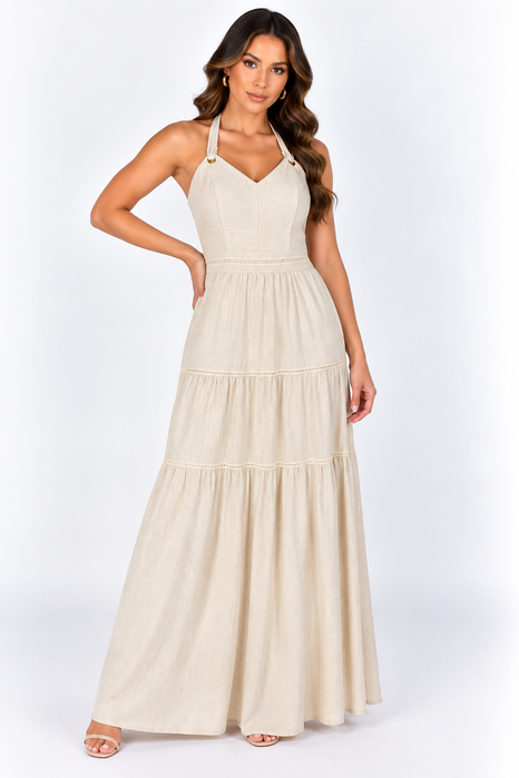 Vestido Linho Bege - luxo - BEGE