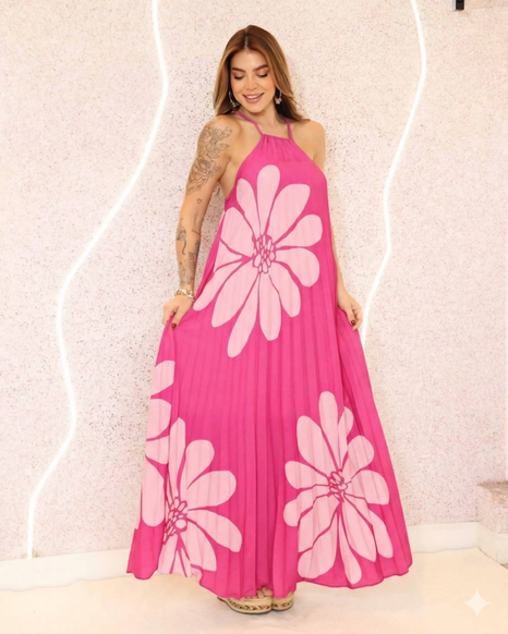 Vestido Longo Plissado Rosé